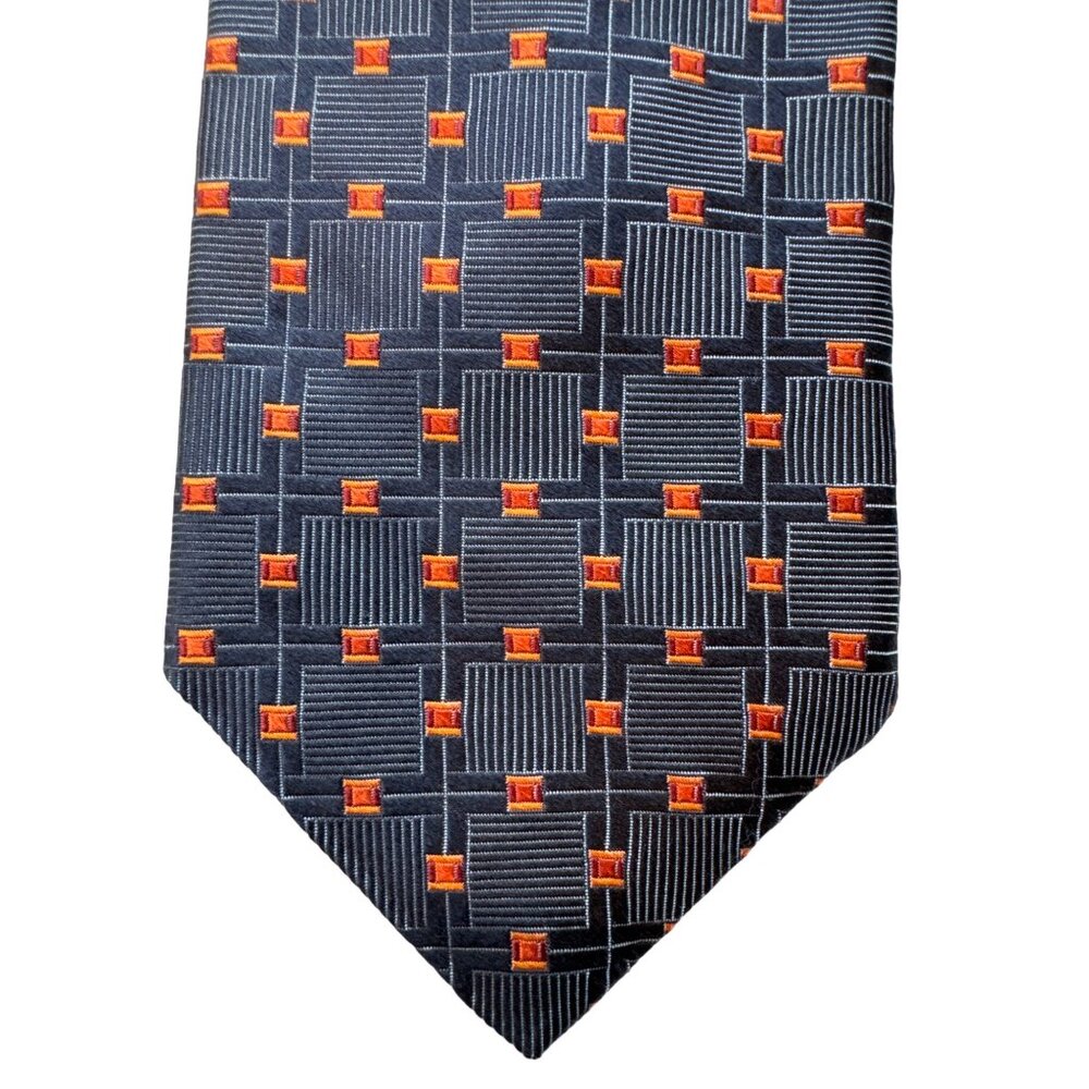 DION SIGNATURE Silk Tie Blue Orange Geometric Windowpane Canada 60X30.5"